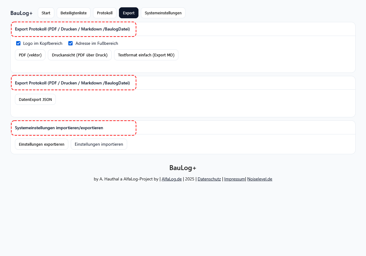 Export – PDF, Markdown und JSON mit Einstellungen