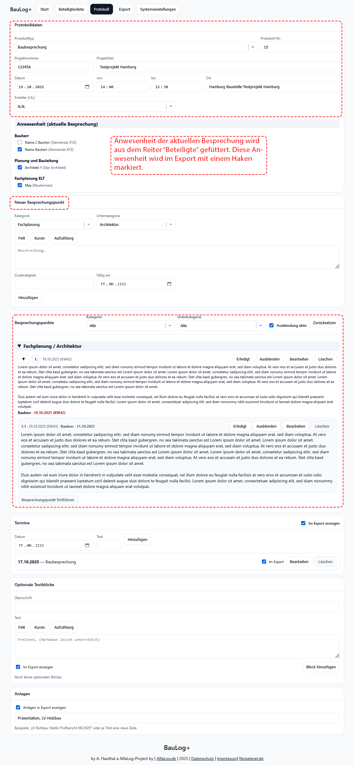 Protokoll – Kopf, Anwesenheit, Besprechungspunkte, Termine, Textblöcke und Anlagen