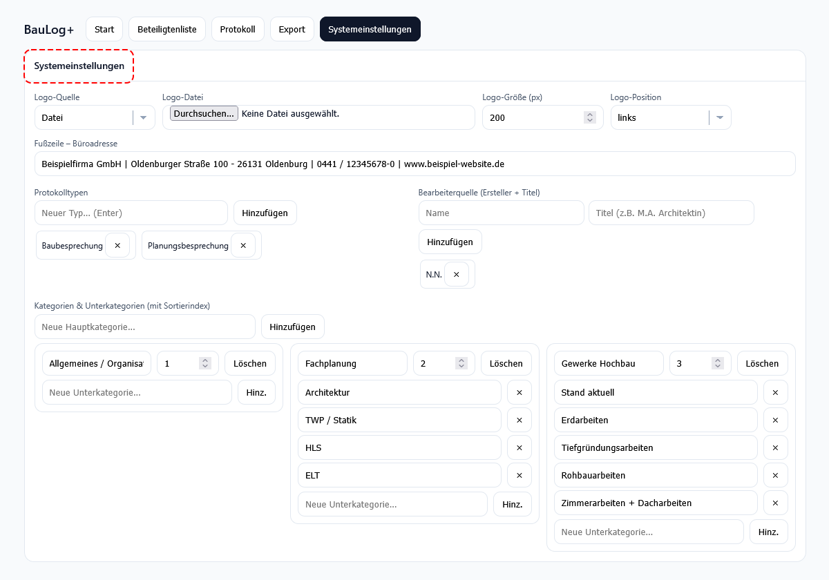 Systemeinstellungen – Logo, Fußzeile, Protokolltypen, Bearbeiterquelle und Kategorien